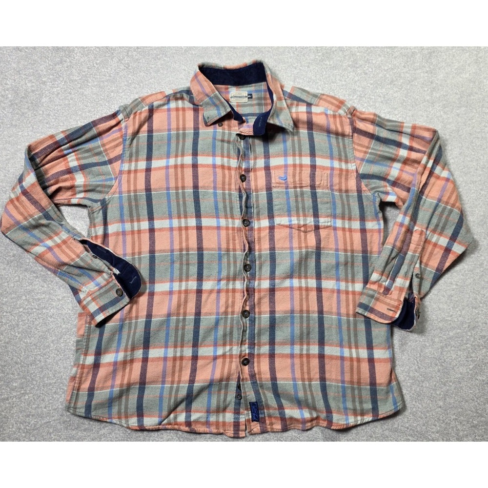 Southern Marsh Flannel Shirt Men XL Blue Orange Plaid Button Down Cotton Coastal